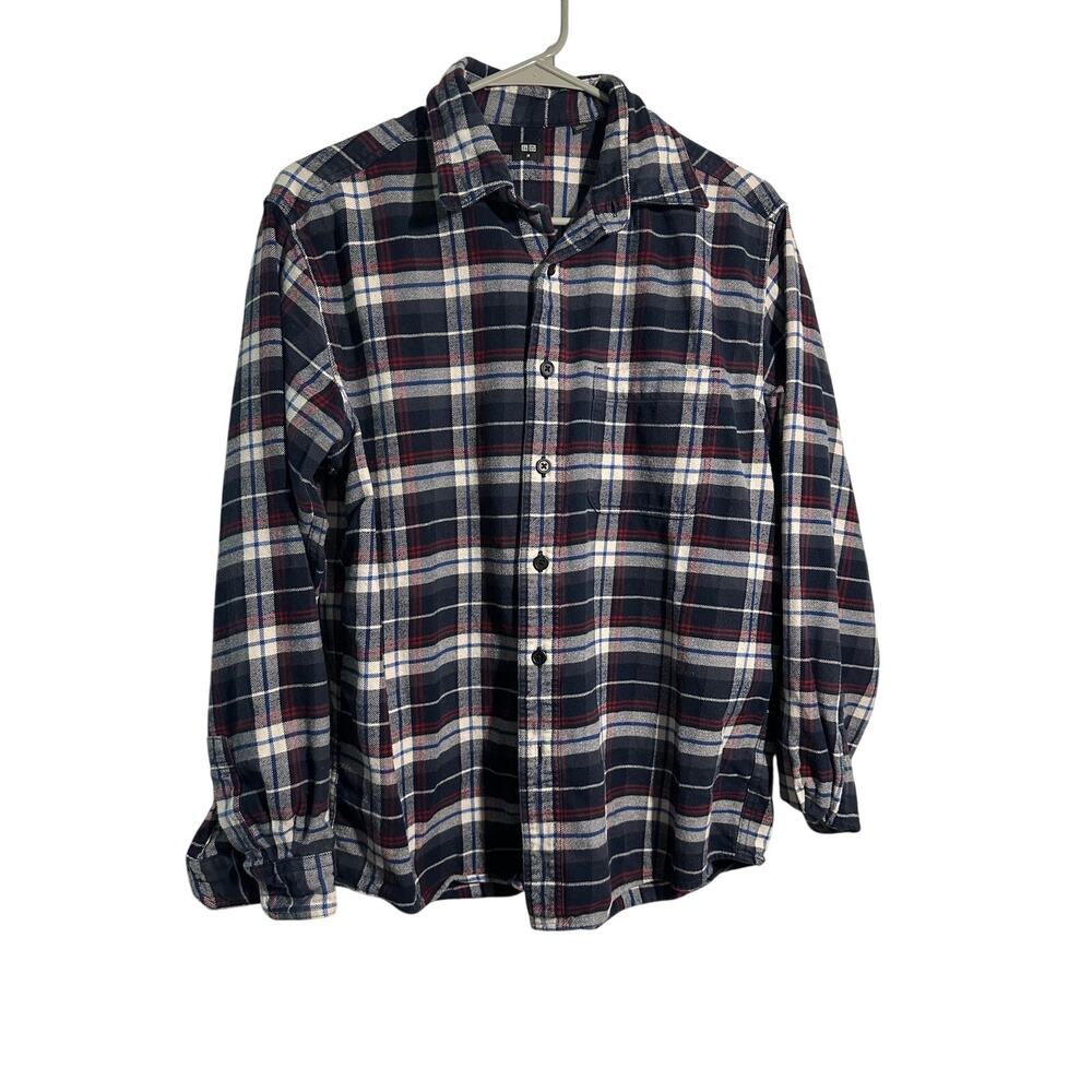 Uniqlo Mens Cotton Flannel Plaid Button up shirt Medium Blue Red White plaid